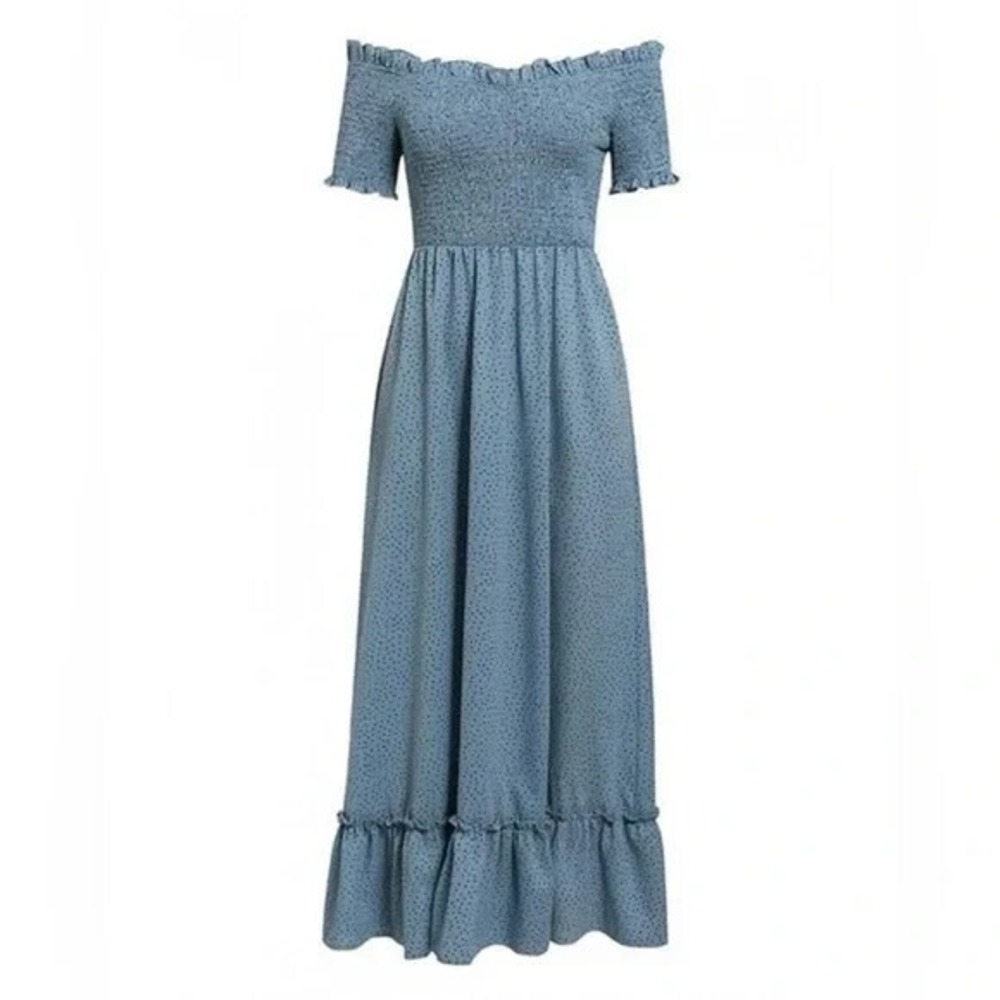 Simplee Apparel Blue Off-Shoulder Smocked Maxi Dress